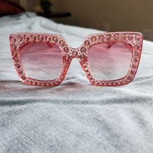 Large Pink Square Sunglasses w/ Bling Clear Crystals and Pink Lenses